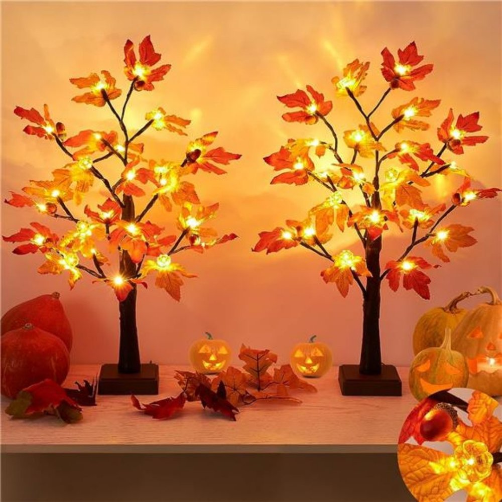 [ 2 Pack & Timer ]24 Inch Artificial Fall Lighted Maple Tree Decor, l 48 LED